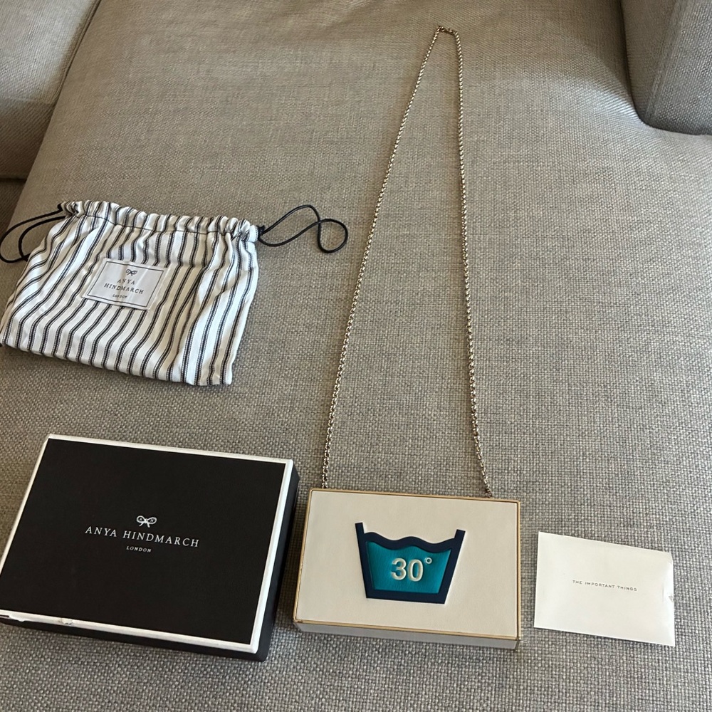 Anya Hindmarch White Clutch with Blue Icon and Chain